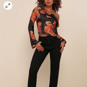NWT Lulus Black & Roses Floral Satin Off The Shoulder Top